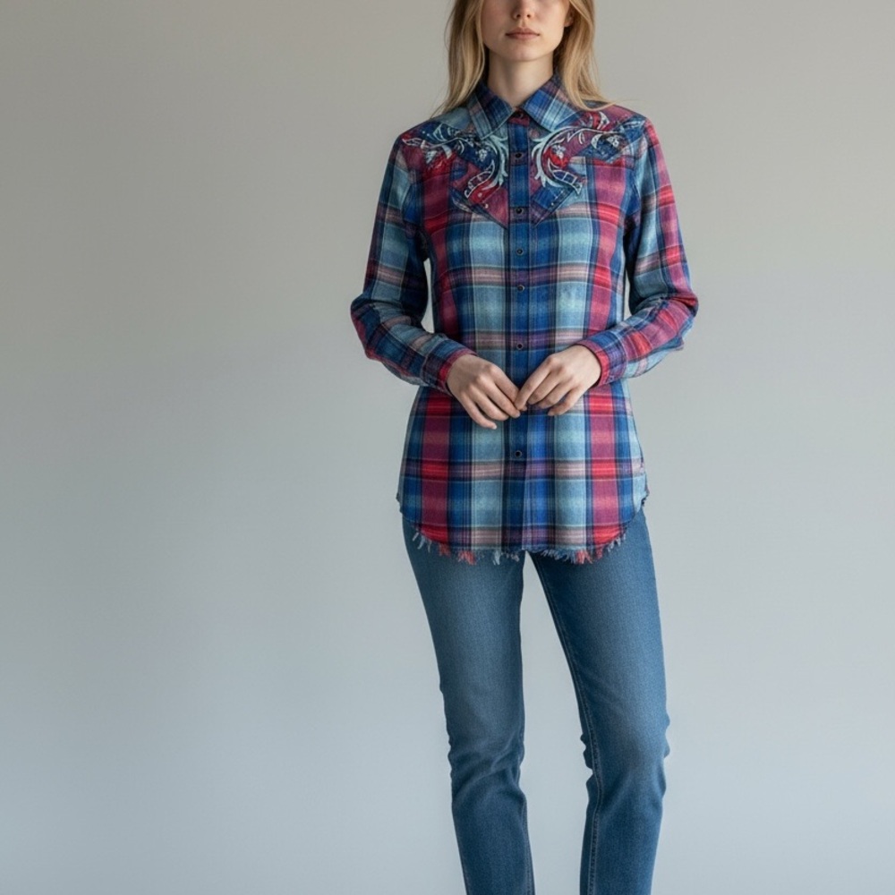 Rock 47 Wrangler Women's Blue and Pink Plaid Button Down Shirt size small - Picture 8 of 8
